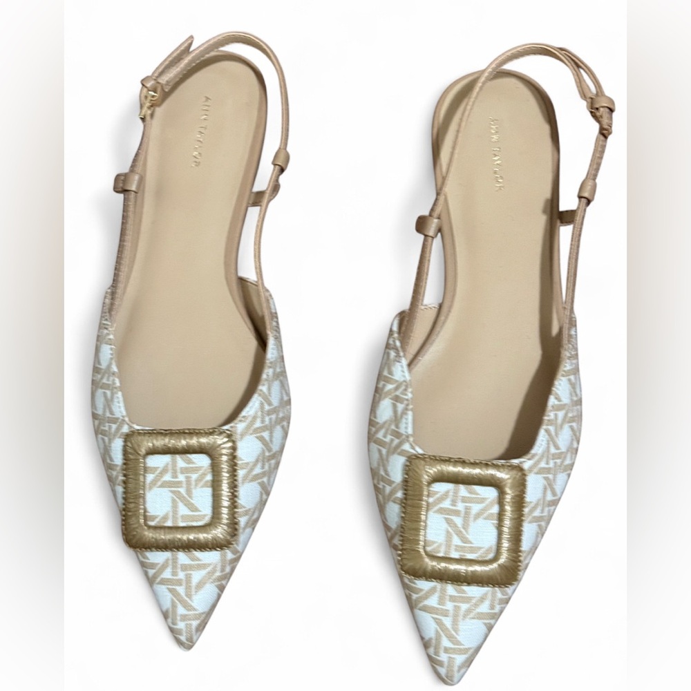 Ann Taylor Gold Monogram Slingback Flats Pointed Toe Buckle Detail Size 8